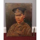 An unsigned oil on canvas depicting a WW1 soldier, together with a rifle bullet. H:46cm, W: 36cm.