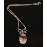 A Large Blue John Pendant attached to a White Metal Bow and Link Chain. Size of Pendant: 3.5cm top