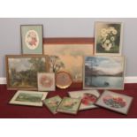 A collection of pictures and prints. Includes M Fletcher oil on board still life, Chinese silk,