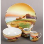 Four Pieces of Noritake Ceramics depicting a House on the Hill, surrounded by Water. Includes