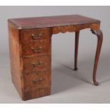 A Burr Walnut Desk with Leather Insert and Four Drawers to one side. W: 90cm, D: 50cm, H: 76cm.