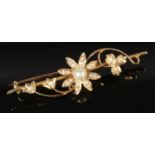 A 15ct Gold Bar Brooch, with Pearl Centered in the Heart of a Flower.