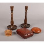 A group of Treen. A pair of candlesticks, three trinket boxes.