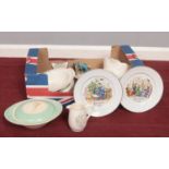 A box of miscellaneous. Royal Worcester Christmas 1980 & 1981 plates, Burleigh 'Balmoral' tureen,