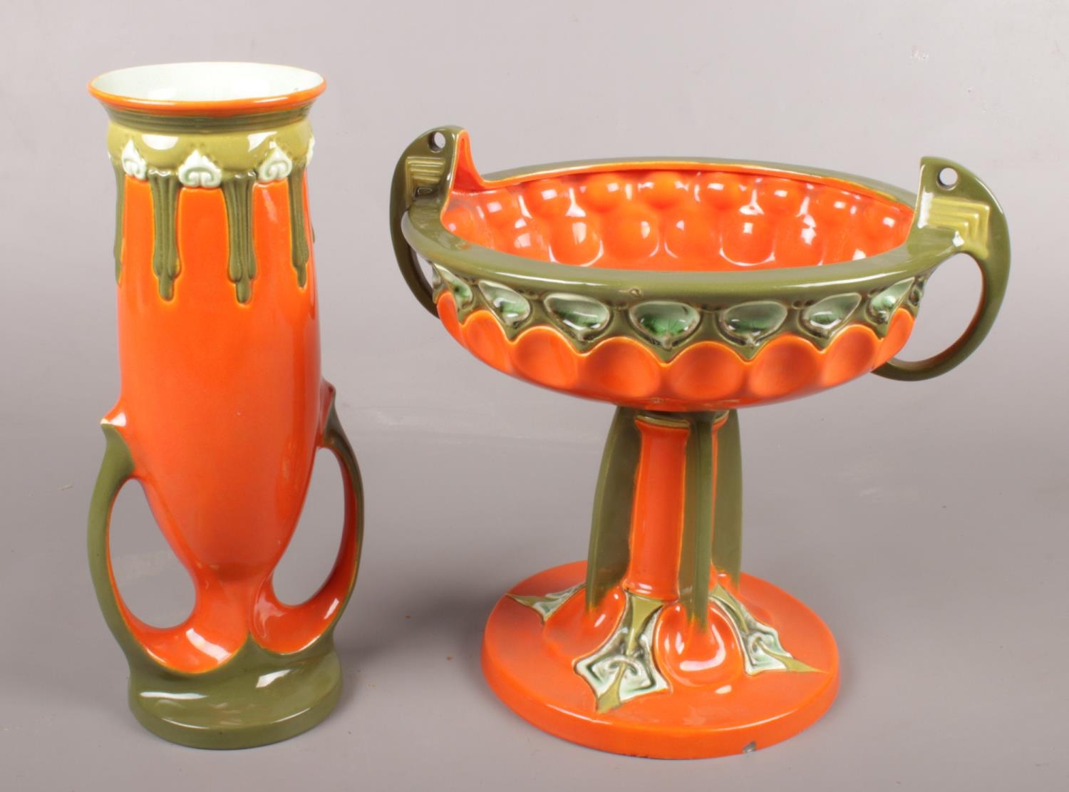 Two pieces of Julius Dressler Art Nouveau pottery. Vase and pedestal bowl. Vase cracked. Bowl