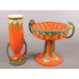 Two pieces of Julius Dressler Art Nouveau pottery. Vase and pedestal bowl. Vase cracked. Bowl