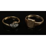 A 9ct gold signet ring along with a gold & diamond ring. Hallmarks worn. 6.73g gross weight.