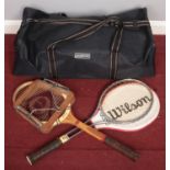 A Pair of Vintage Tennis Rackets, with shoulder bag.