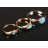 A Set of Three Nineteenth Century Yellow Metal, Turquoise and Paste Rings. Sizes Fx2 and M. One