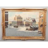 W.Wolsky, large gilt framed oil on canvas, winter street scene. (60cm x 90cm)
