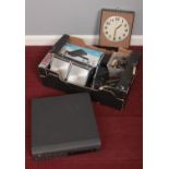 A box of miscellaneous. Includes radio valves, Seiko wall clock etc.