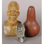 Two Composite Busts of a man, together with an Etched Seed Pod shaker.