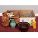 Two boxes of miscellaneous. Vases, jugs. To include West Germany stew pot etc