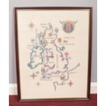 A framed sampler style cross stitch of the British Isles. H: 64cm, W:50cm.