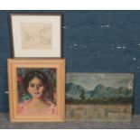 Two Oil on Board Paintings, together with a Pencil Sketch.