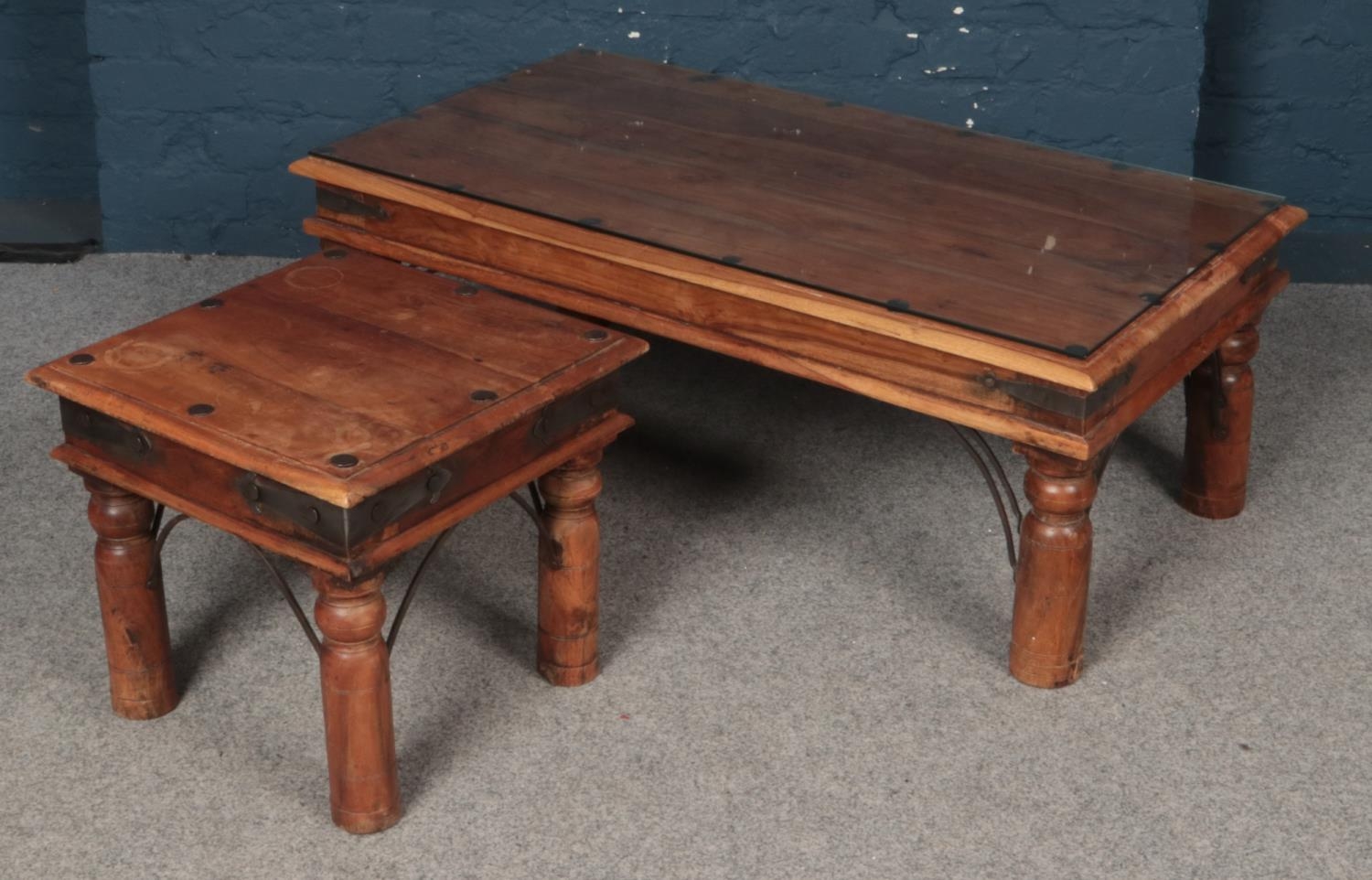 A Pair of Hardwood Coffee Tables with Hammered Decoration, One with Glass Table Top.