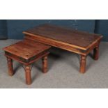 A Pair of Hardwood Coffee Tables with Hammered Decoration, One with Glass Table Top.