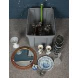A box of miscellaneous. Including convex mirror, novelty teapot, art glass vases. Medina glass