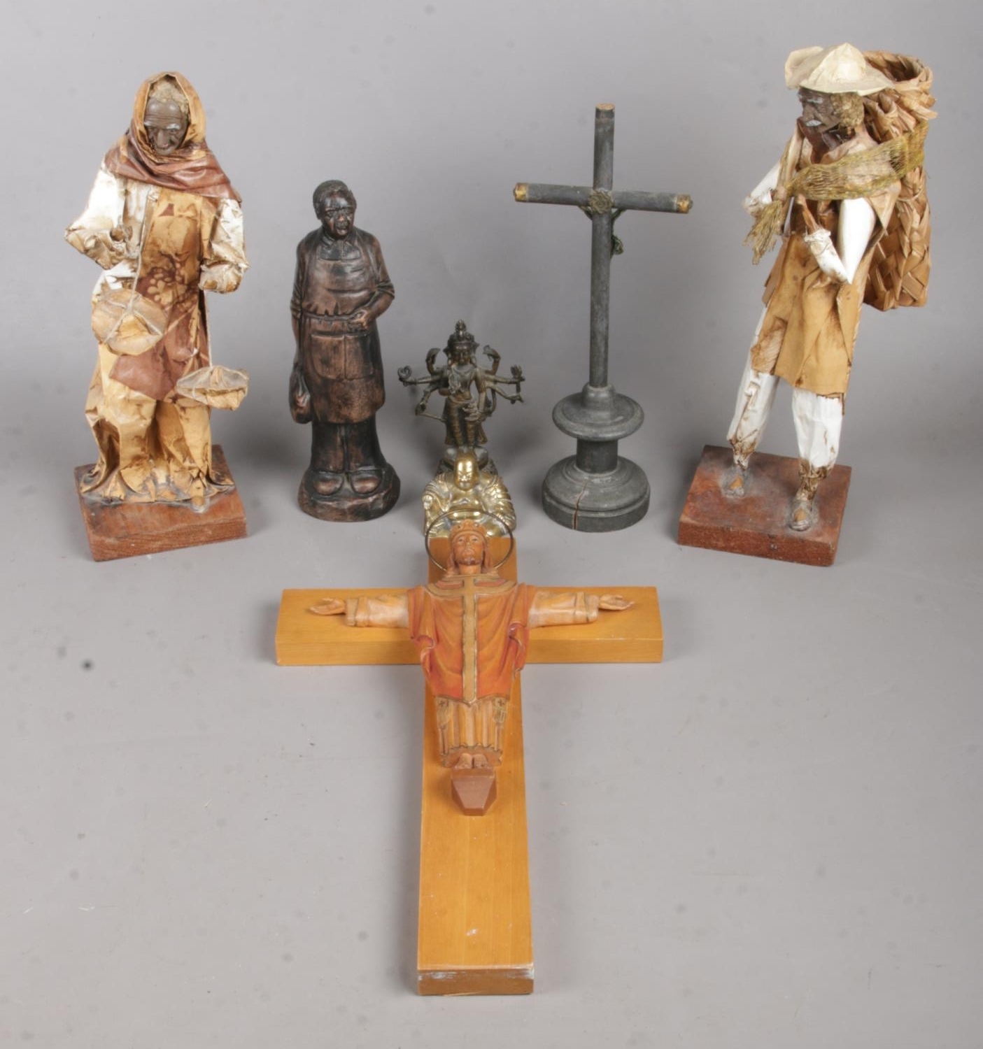 An assortment of Religious Items, to include Two Papier Mache Figures and a ANRI Cross.