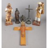 An assortment of Religious Items, to include Two Papier Mache Figures and a ANRI Cross.
