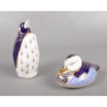 Two Royal Crown Derby paperweights. Penguin & Duck with gold stoppers.