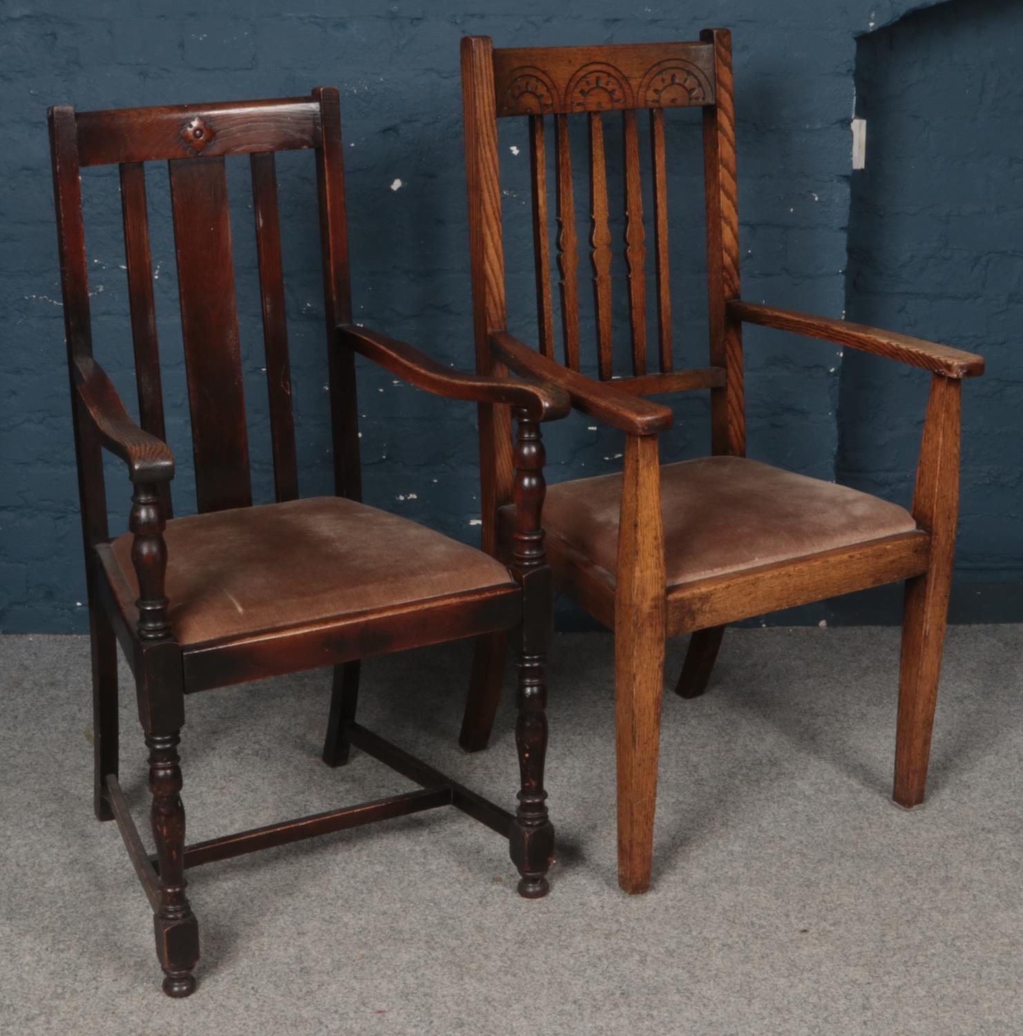Two Carved Oak Armchairs with Fabric Upholstery.