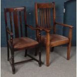 Two Carved Oak Armchairs with Fabric Upholstery.
