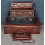 Four vintage leather suitcases along with a similar satchel.