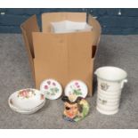 A box of miscellaneous. Crown ducal vase, Royal Worcester pin dishes (boxed), Royal Albert 'Old