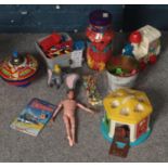 A box of vintage toys. Including Lego, Action Man figure, Thunderbirds toy in original packaging,