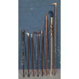 A Collection of Walking Canes, topped with various subjects (One with Timepiece).