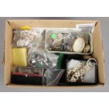 A Small Box of Costume Jewellery, including Cameo Brooches, Pearls and Rings.