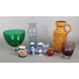 A collection of glass and ceramics. Includes Royal Doulton character jug, West German pottery vase