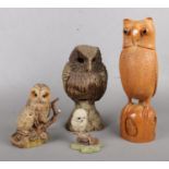 A group of assorted owl figures. Border Fine Arts, carved hardwood figure etc