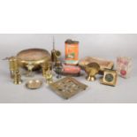A collection of mainly metalwares. Includes miniature miners lamp, vintage tins, brasswares etc.