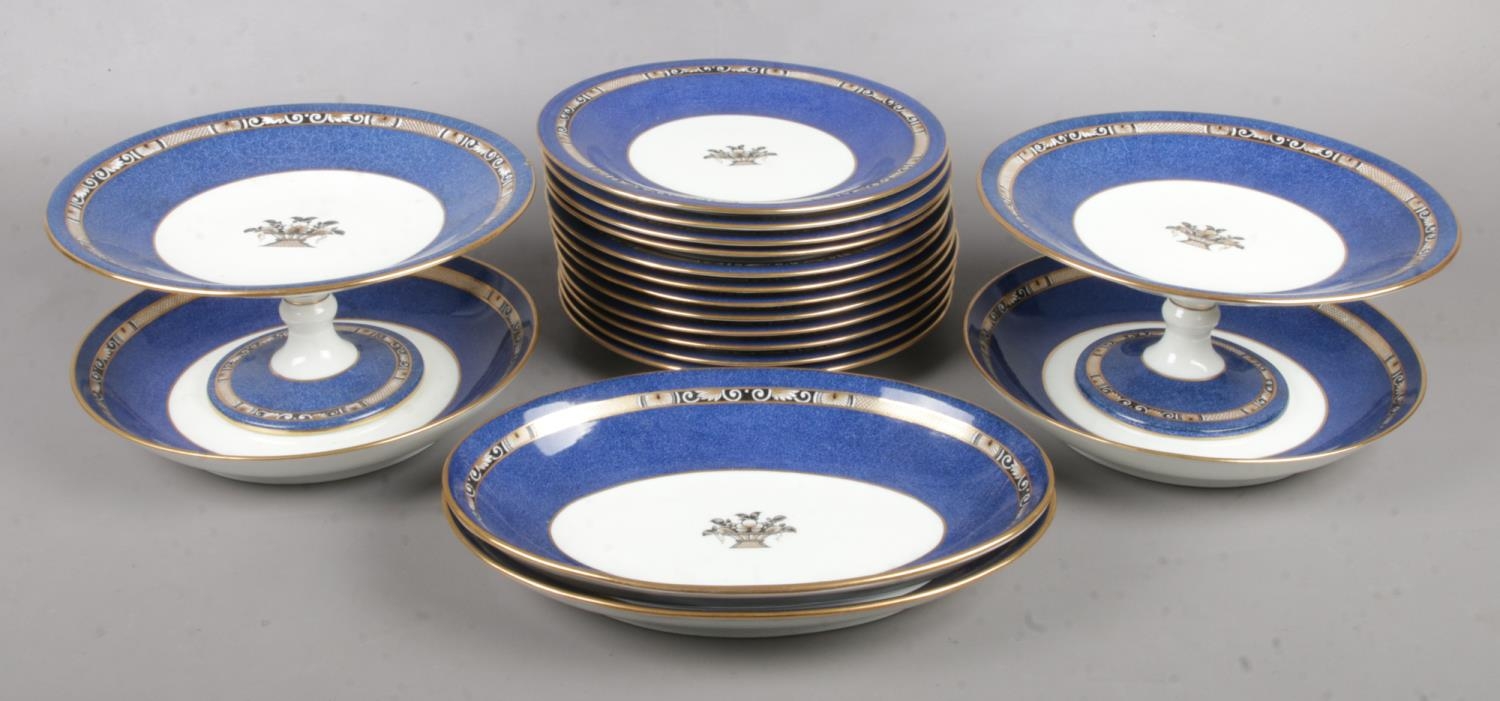 A collection of Wedgwood dinnerwares with blue and gilt decoration. Pattern number 9933.