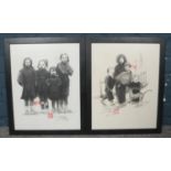 A pair of framed Chinese charcoal drawings depicting children. Signed Fang Wen Jun.