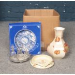 A box of miscellaneous. Royal Worcester 'Pelissy' vase, Royal Doulton ' The Squire' plate,