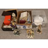 Three boxes of miscellaneous. To include Capodimonte figures, selection of postcards & meat