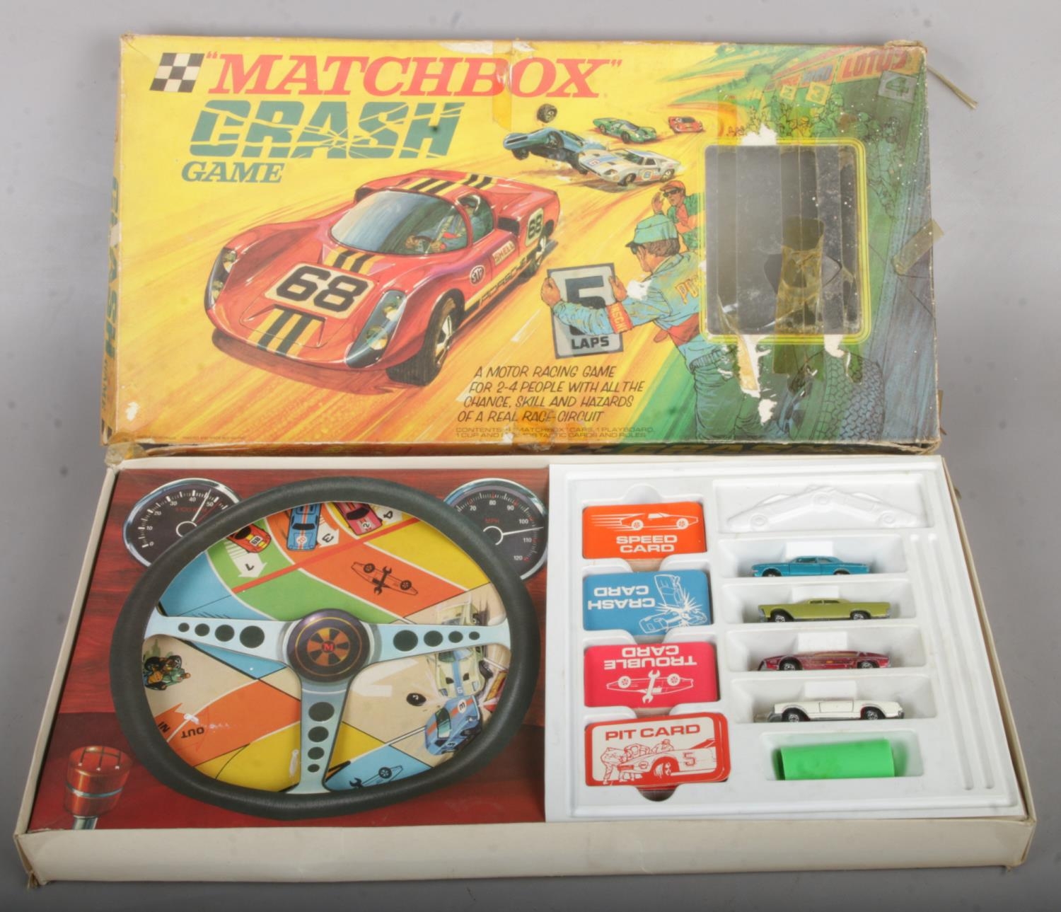 An original 1970's Matchbox scale diecast model car Crash Game. With the four cars within the