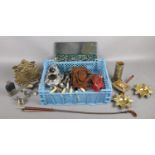 A box of collectables. Including bellows camera, miniature microscope, ornate brass letter rack,