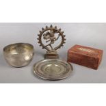 A bronze figure of a Indian Deity along with a similar white metal bowl & dish, etc.