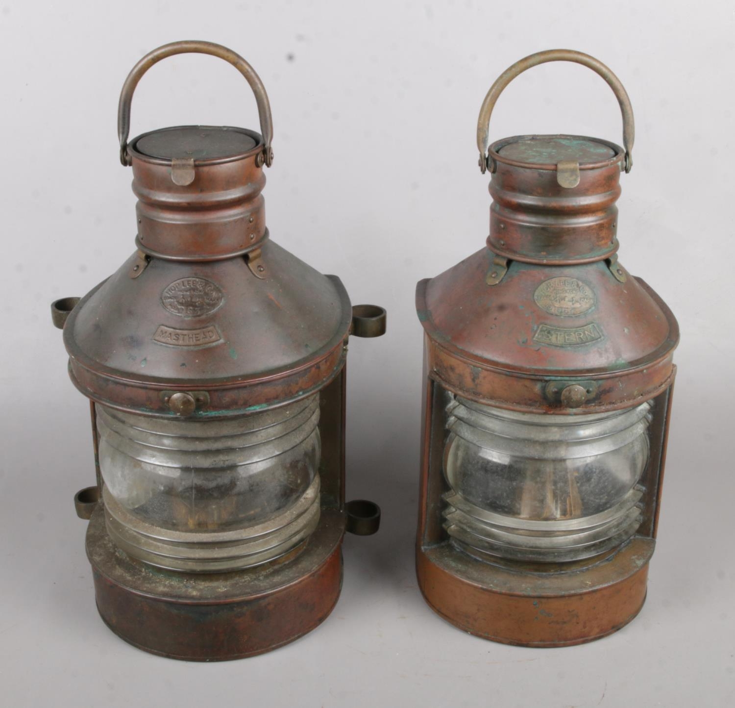 A Pair of Copper Ships Lamps, produced by Hop Lee & Co (Hong Kong) with Oil Burner. Lamps for