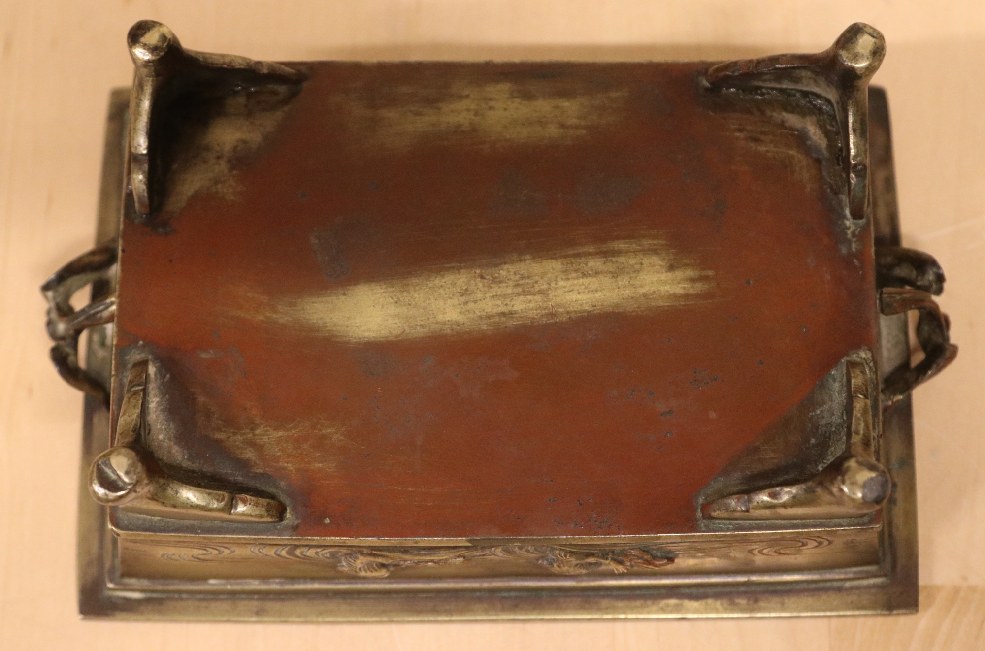 A Small Oriental Brass Tray Raised on Supports. Decorated with a River Scene on the Side of the - Image 4 of 5