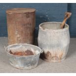 Three galvanised items. Vintage flour bin, dolly tub and a wash tub.
