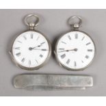 Two Silver Fob Watches, Stamped 'Fine Silver' on the inside of the back, together with a White Metal