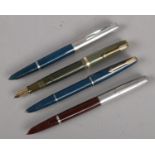Four Parker Fountain Pens, Three of which have 14ct Gold Nibs. Includes 51,21,17 and Duofold Models.