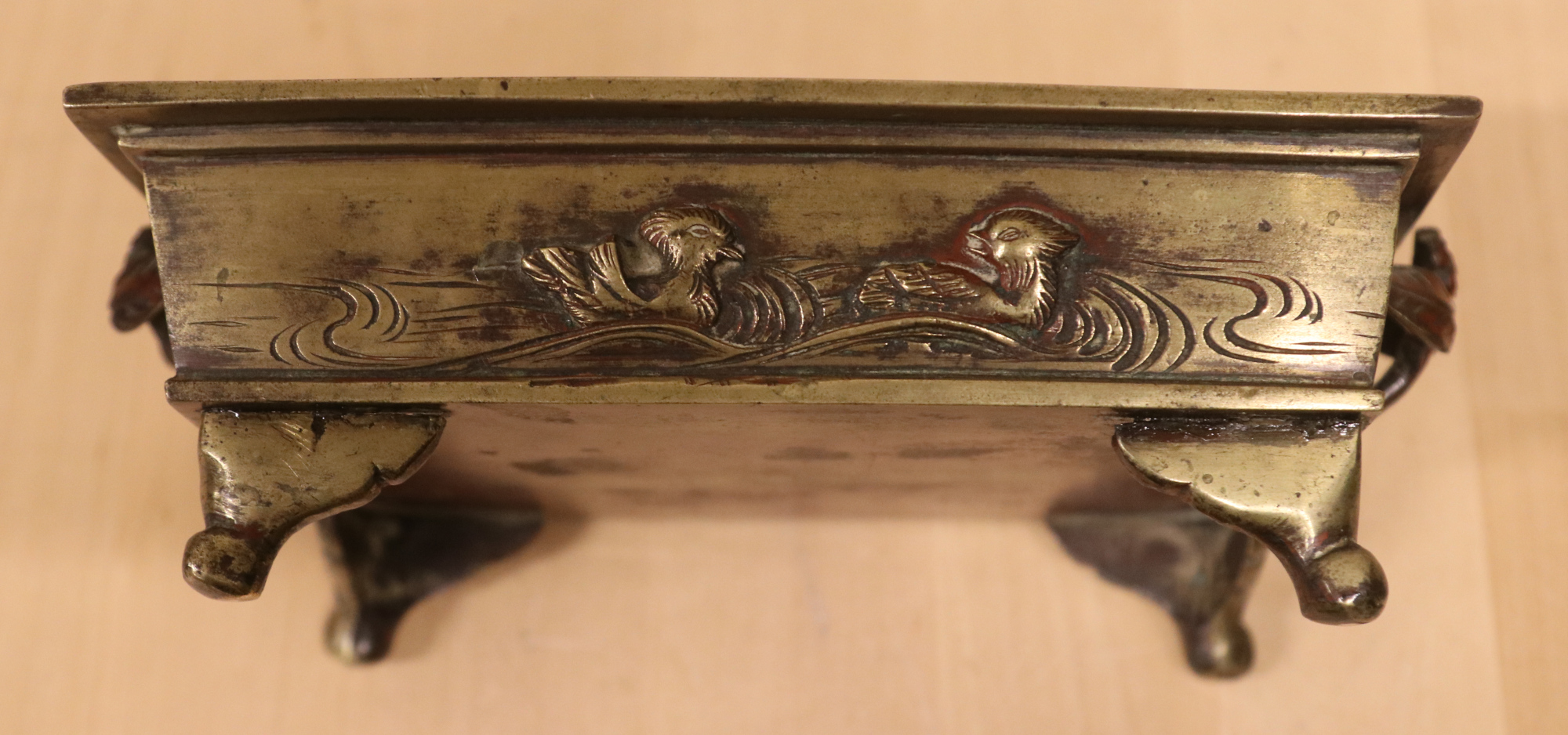 A Small Oriental Brass Tray Raised on Supports. Decorated with a River Scene on the Side of the - Image 5 of 5