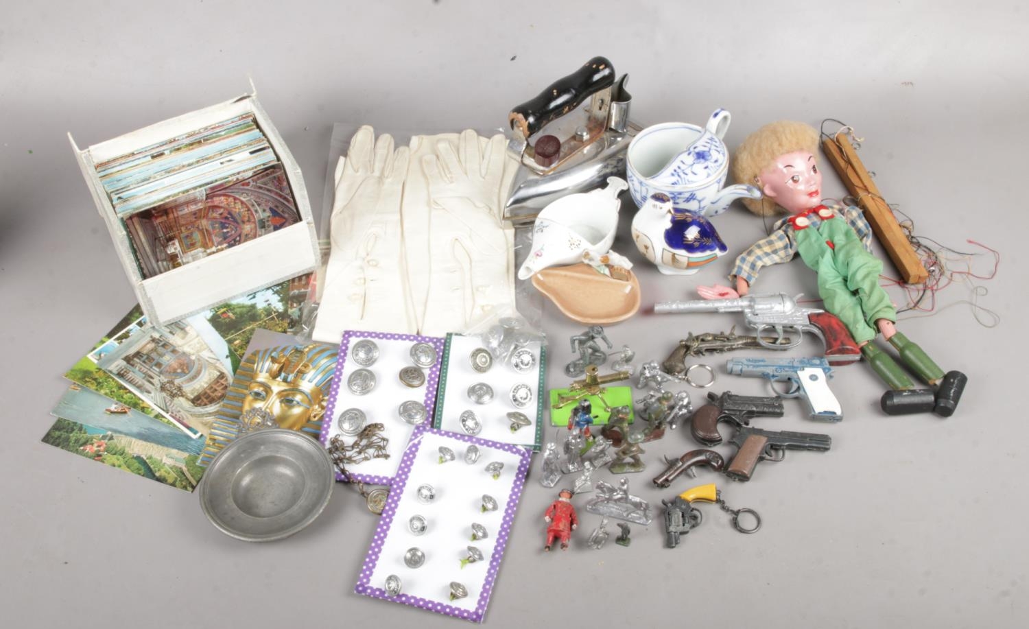 A Box of Miscellaneous Items. To include a collection of Railway Buttons, a Selection of Postcards