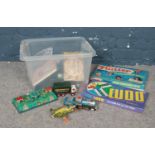 A box of vintage board games & toys. Dinky toys 351 UFO interceptor, Spears Games Ludo & Flutter,